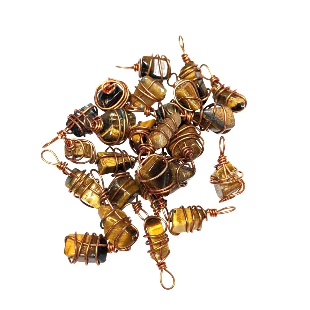 25 Copper Wire Wrapped Tiger Eye Nugget Chips Vintage West Germany 1950s